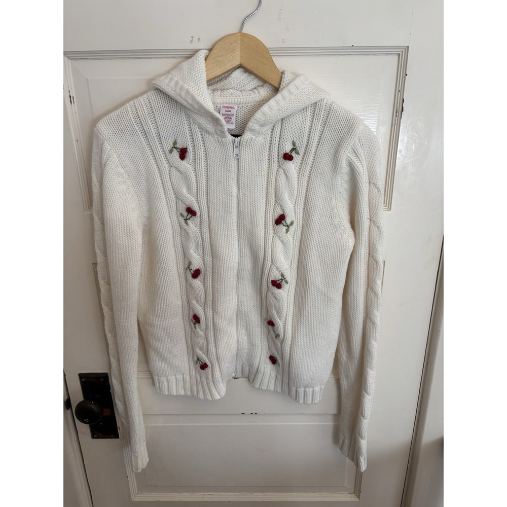 Gymboree Vintage Y2K Women's Ivory Cherry Zip Cropped Cable Knit Cardigan Size L
